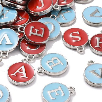 Platinum Plated Alloy Enamel Charms, Cadmium Free & Lead Free, Enamelled Sequins, Flat Round with Letter, Mixed Color, Random Mixed Letters, 14x12x2mm,Hole:1.50mm