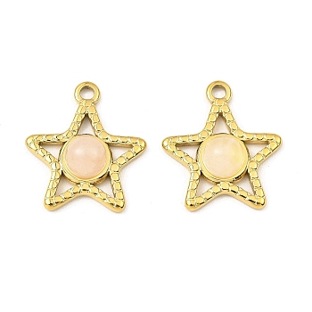 Natural Rose Quartz Pendants, Ion Plating(IP) 316 Stainless Steel Star Charms, Real 24K Gold Plated, 20x17.5x5mm, Hole: 1.8mm
