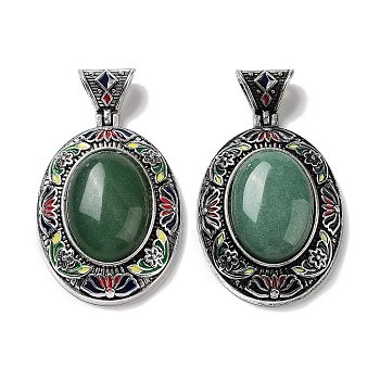 Natural Green Aventurine Pendants, Antique Silver Tone Alloy Enamel Oval Charms, 45x32x12.5mm, Hole: 6.3x5mm