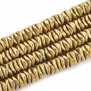 Electroplate Non-magnetic Synthetic Hematite Beads Strands, Wavy, Flat Round/Disc, Golden Plated, 6~6.5x6~6.5x1.5~2mm, Hole: 1mm, about 215pcs/strand, 16.14 inch