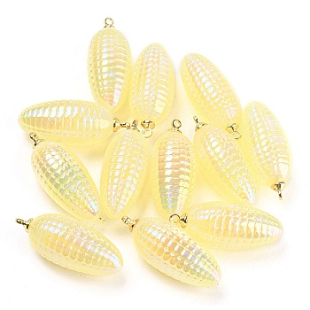 UV Plating Acrylic Iridescent Imitation Shell Charms, with Alloy Findings, Corn, Light Yellow, 29x12mm, Hole: 1.6mm