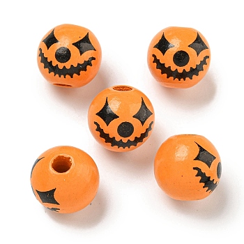 Printed Wood European Beads, Halloween Theme Beads, Round, Dark Orange, 15.5~16mm, Hole: 4~4.5mm