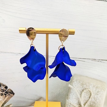 Petal Tassel Alloy Dangle Stud Earrings, Golden, Blue, 58x34mm