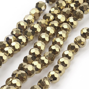 Faceted(32 Facets) Electroplate Glass Bead Strands, Round, Golden Plated, 4mm, Hole: 0.5mm, about 100pcs/strand, 14.2 inch