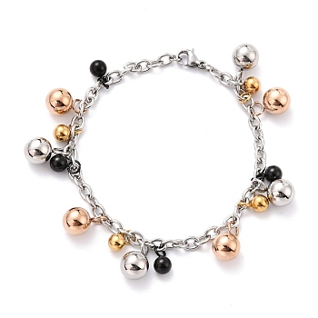 304 Stainless Steel Round Charm Bracelets, with Lobster Claw Clasps, Multi-color, 6-7/8 inch(17.5cm)