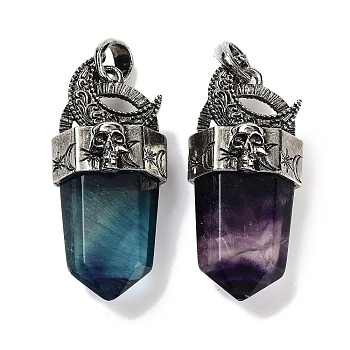 Natural Fluorite Faceted Sword Pendants, Rack Plating Antique Silver Plated Alloy Moon Charms, Cadmium Free & Lead Free, 47.5~48x21.5x13.5mm, Hole: 7x6.5mm