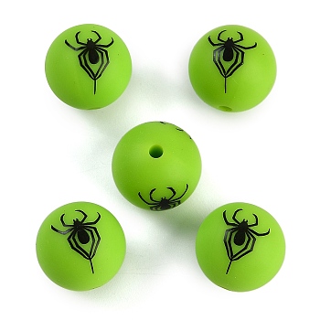 Silicone Beads, Round with Spider, Green, 15x15x15mm, Hole: 2mm