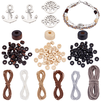 Elite DIY Cord Bracelet Making Kit, Including Natural Maple Wood Beads, Flat Faux Suede & Round Waxed Polyester Cord, Alloy Anchor & Helm Pendants & Tree of Life Links Connectors, Mixed Color, Cord: 12M/box