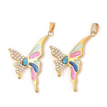 304 Stainless Steel Enamel Pendants, Butterfly Charms with Synthetic Turquoise and ABS Plastic Imitation Pearl, Ion Plating(IP), Golden, 37.5x28.5x3.5mm, Hole: 5.5x3mm