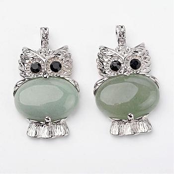 Natural Green Aventurine Pendants, Owl, with Brass Findings, Platinum, Lead Free & Nickel Free, 45x25x8mm, Hole: 4x6mm