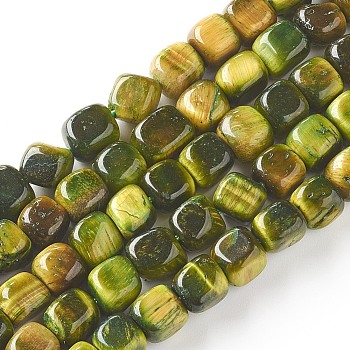 Natural Tiger Eye Beads Strands, Dyed, Cube, Olive, 7~8x7~8x7~8mm, Hole: 0.8mm, about 52pcs/strand, 15.16 inch(38.5cm)