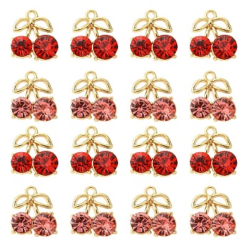 20Pcs 2 Colors Alloy Rhinestone Pendants, Rack Plating, Cadmium Free & Nickel Free & Lead Free, Cherry, Golden, Mixed Color, 17.5x15.5x6.5mm, Hole: 1.8mm, 10pcs/color
