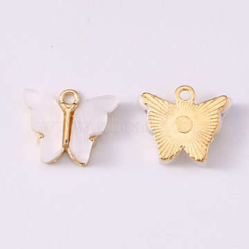 Alloy Acrylic Pendants, Butterfly, Light Gold, Floral White, 14x16.5x3mm, Hole: 1.6mm(ENAM-R136-01K)