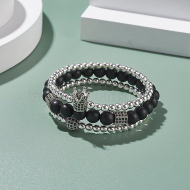 3 pièces 3 style rond synthétique noir pierre et hématite perlé ensemble de bracelets extensibles(BJEW-JB07688-03)-2