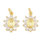 Brass Micro Pave Clear Cubic Zirconia Pendants, Flower with Virgin Mary Charms, Cadmium Free & Lead Free, Rack Plating, Long-Lasting Plated, Real 18K Gold Plated, 15.5x11.5x3mm, Hole: 3mm(CU-CBAB3AD-03G-01)