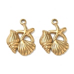 304 Stainless Steel Pendants, Ion Plating(IP), Real 18K Gold Plated, Starfish with Shell Shape, 30.5x23x4mm, Hole: 3mm(STAS-P422-01A-G)