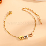 304 Stainless Steel Tri-Color Charm Bracelets for Women, Rose Gold & Golden & Stainless Steel Color, Heart, 6.30 inch(16cm)(WG590E2-06)