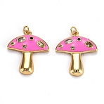 Autumn Theme Real 18K Gold Plated Brass Micro Pave Cubic Zirconia Pendants, Cadmium Free & Lead Free, with Enamel and Jump Rings, Long-Lasting Plated, Mushroom, Deep Pink, 28x25x3.5mm, Jump Ring: 5x1mm, 3mm Inner Diameter(ZIRC-L100-019C-G)