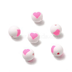 Handmade Polymer Clay Beads, Round with Heart Pattern, Pink, 8mm, Hole: 1.5mm(CLAY-I011-01B-02)
