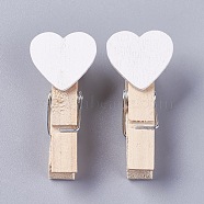 Wooden Craft Pegs Clips, Heart, Spray Paint, Clothespins, Paper Note Photo Holder, White, 37~40x17~18x11~13mm, 10pcs/bag(WOOD-WH0005-B11)