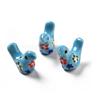 Handmade Printed Porcelain Beads, Pigeon, Deep Sky Blue, 12.5~13x17~19x7~8.5mm, Hole: 1.5mm(PORC-F005-04F)