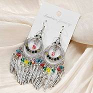 Ring & Feather Alloy & Glass Chandelier Earrings, Antique Silver, 90.5x32mm(EJEW-G426-01AS)