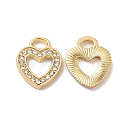 Rhinestone Pandants, with Rack Plating Golden Alloy Findings, Nickel Free, Hollow Out Heart Charms, Crystal, 13x11x1.5mm, Hole: 2x3.5mm(ALRI-O024-04G-01)