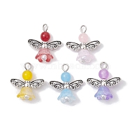 Natural Dyed Malaysia Jade Pendants, Flower Angel Charms with Antique Silver Plated Alloy Wings, Mixed Color, 23.5x21.5x11mm, Hole: 2.8mm(PALLOY-JF02661-01)