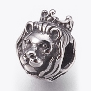 316 Surgical Stainless Steel European Beads, Large Hole Beads, Lion with Crown, Antique Silver, 12x9x10mm, Hole: 4.5mm(STAS-O097-82AS)