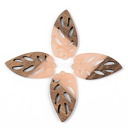 Opaque Resin & Walnut Wood Pendants, Leaf, Light Salmon, 38x20x3mm, Hole: 2mm(RESI-S389-048A-C02)