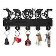 Wood & Iron Wall Mounted Hook Hangers, Decorative Organizer Rack, with 2Pcs Screws, 5 Hooks for Bag Clothes Key Scarf Hanging Holder, Moon, 139x300x7mm.(HJEW-WH0055-055)