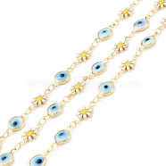 Handmade Brass Enamel Link Chains, Flat Round with Evil Eye & Flower, with Glass, Long-Lasting Plated, Soldered, with Spool, Golden, Sky Blue, Link: 12x6x2mm, 12.5x7x1.5mm, about 32.8 Feet(10m)/roll(CHC-D031-02G)