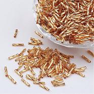 Glass Twisted Bugle Beads, Metallic Colours,Gold, 9x2mm, Hole: 0.5mm, about 7000pcs/bag(SEED-E002-9mm-822#)