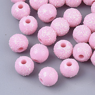 Opaque Acrylic Beads, with Glitter Powder, Round, Pearl Pink, 8.5x7mm, Hole: 2mm(MACR-T033-01B)