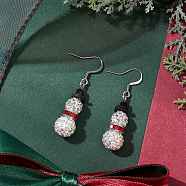 304 Stainless Steel Dangle Earrings, with Brass Rhinestone and Polymer Clay Rhinestone Beads, For Christmas, Snowman, Light Siam, 42x17mm(EJEW-JE06064-04)