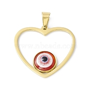 Vacuum Plating 304 Stainless Steel Resin Pendants, Golden, Heart Charms with Evil Eye, FireBrick, 32x34x4mm, Hole: 9x4.5mm(STAS-A062-05G)