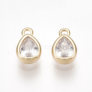 Brass Cubic Zirconia Charms, teardrop, Clear, Nickel Free, Real 18K Gold Plated, 6x4x2mm, Hole: 0.8mm(KK-S350-089G)