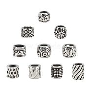 10Pcs 10 Styles 304 Stainless Steel Large Hole Beads, Column & Drum, Antique Silver, 8.5~12x7~11.5mm, Hole: 5~7.5mm, 1pc/style(STAS-UN0044-66)