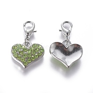 Alloy Rhinestone Pendants, Cadmium Free & Lead Free, Grade A, with Lobster Clasp, Heart, Platinum Metal Color, Peridot, 30x18x4mm(RB-C1386-A07P)
