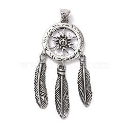 Tibetan Style 304 Stainless Steel Manual Polishing Big Pendants, Woven Net/Web with Feather Charms with Sun, Antique Silver, 81mm, Hole: 5x6mm(STAS-G276-03AS)