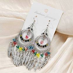 Ring & Feather Alloy & Glass Chandelier Earrings, Antique Silver, 90.5x32mm(EJEW-G426-01AS)