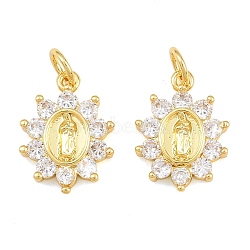 Brass Micro Pave Clear Cubic Zirconia Pendants, Flower with Virgin Mary Charms, Cadmium Free & Lead Free, Rack Plating, Long-Lasting Plated, Real 18K Gold Plated, 15.5x11.5x3mm, Hole: 3mm(CU-CBAB3AD-03G-01)