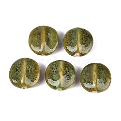Vintage Handmade Porcelain Beads, Fancy Antique Glazed Porcelain, Flat Round, Olive Drab, 31~33x30~32x16~17mm, Hole: 2.5~3.5mm(PORC-N013-22-04)