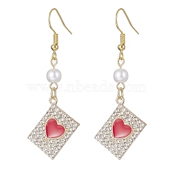 Alloy Crystal Rhinestone Rectangle with Heart Dangle Earrings, Imitated Pearl Acrylic Beaded Drop Earrings with Enamel, Red, 47~55x18mm(EJEW-JE05491-02)