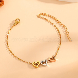 304 Stainless Steel Tri-Color Charm Bracelets for Women, Rose Gold & Golden & Stainless Steel Color, Heart, 6.30 inch(16cm)(WG590E2-06)