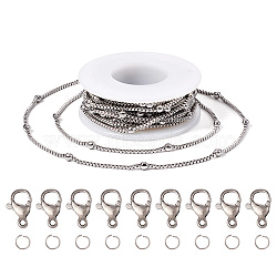 DIY Stainless Steel Satellite Chains Necklace Jewelry Kits, Box Chains with Round Beaded, Stainless Steel Color, 1x1.5x1.5mm, 3mm, 5m(DIY-TA0010-46)