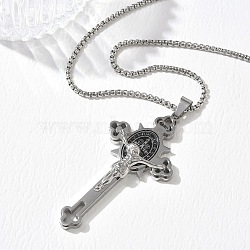 Religion 201 Stainless Steel Enamel Saint Benedict Crucifix Cross Pendant 304 Stainless Steel Box Chain Necklaces, Black, Stainless Steel Color, 23.54 inch(59.8cm)(SA-CBA3211-03P)