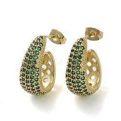 Brass Micro Pave Cubic Zirconia Stud Earrings, Half Hoop Earrrings, Sea Green, 20x18mm(EJEW-H308-10G-04)