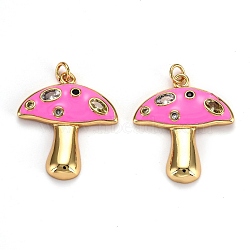 Autumn Theme Real 18K Gold Plated Brass Micro Pave Cubic Zirconia Pendants, with Enamel and Jump Rings, Long-Lasting Plated, Mushroom, Deep Pink, 28x25x3.5mm, Jump Ring: 5x1mm, 3mm Inner Diameter(ZIRC-L100-019C-G)