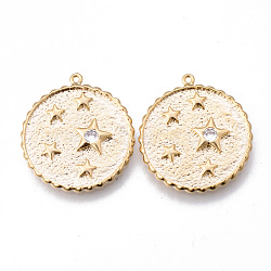 Brass Micro Pave Clear Cubic Zirconia Pendants, Nickel Free, Flat Round with Star, Real 18K Gold Plated, 25x22.5x2mm, Hole: 1mm(KK-N232-149-NF)